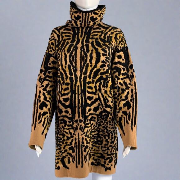 GIVENCHY Size XS Black Camel Wool Blend Leopard Turtleneck Sweater - Picture 1 of 7